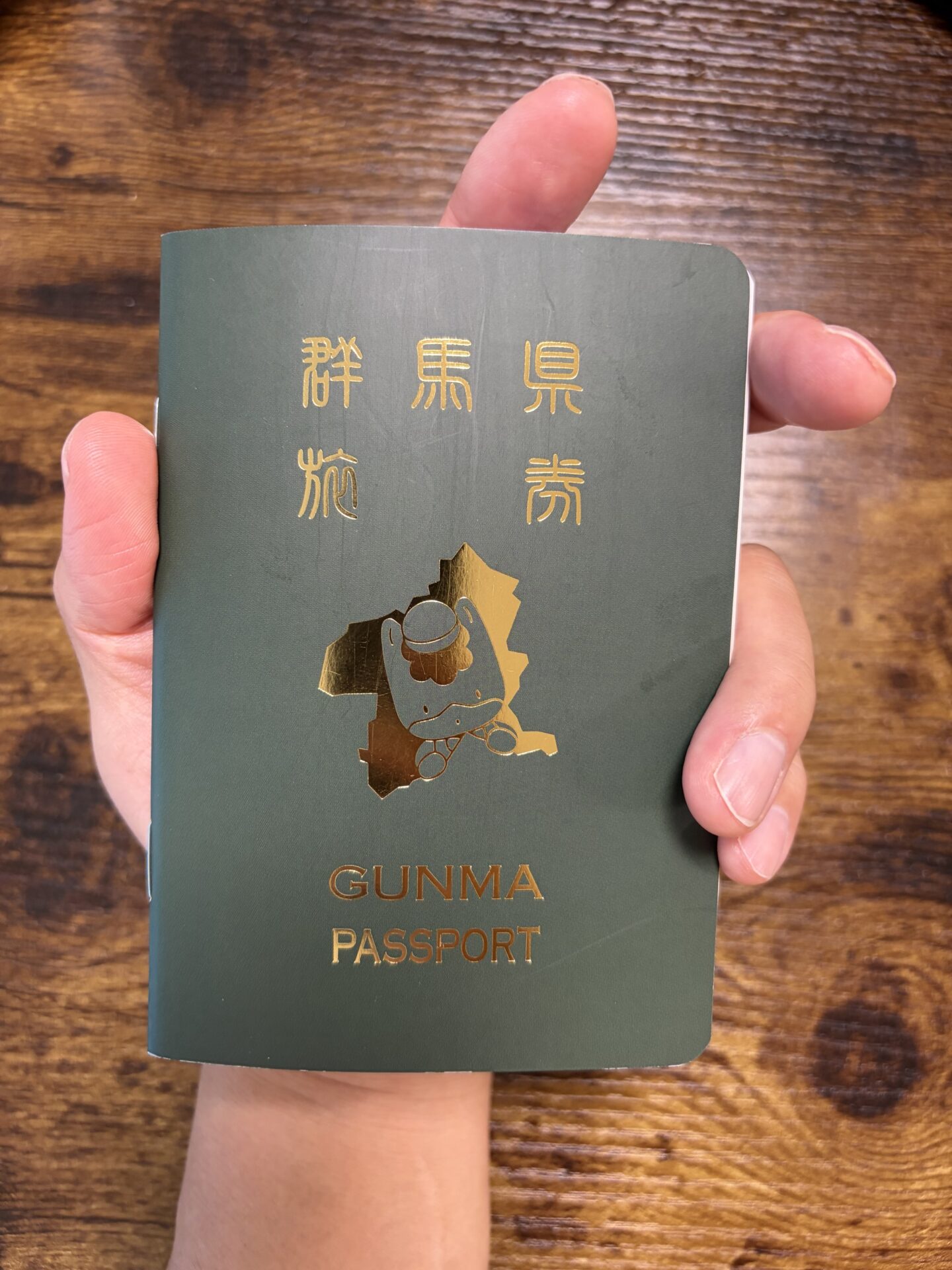 GUNMA PASSPORTを手に持ったところ。深緑に金の箔押しの「群馬県旅券」。B7判で手のひらに収まる