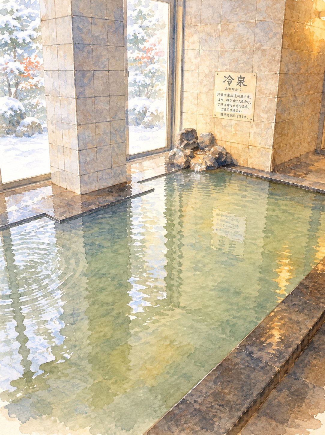 嬬恋高原温泉つつじの湯 冷泉風呂のイメージイラスト(水彩風の自作イラスト。実際の浴室とは異なります)