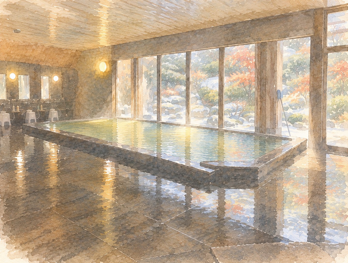 嬬恋高原温泉つつじの湯 檜の内湯のイメージイラスト(水彩風の自作イラスト。実際の浴室とは異なります)