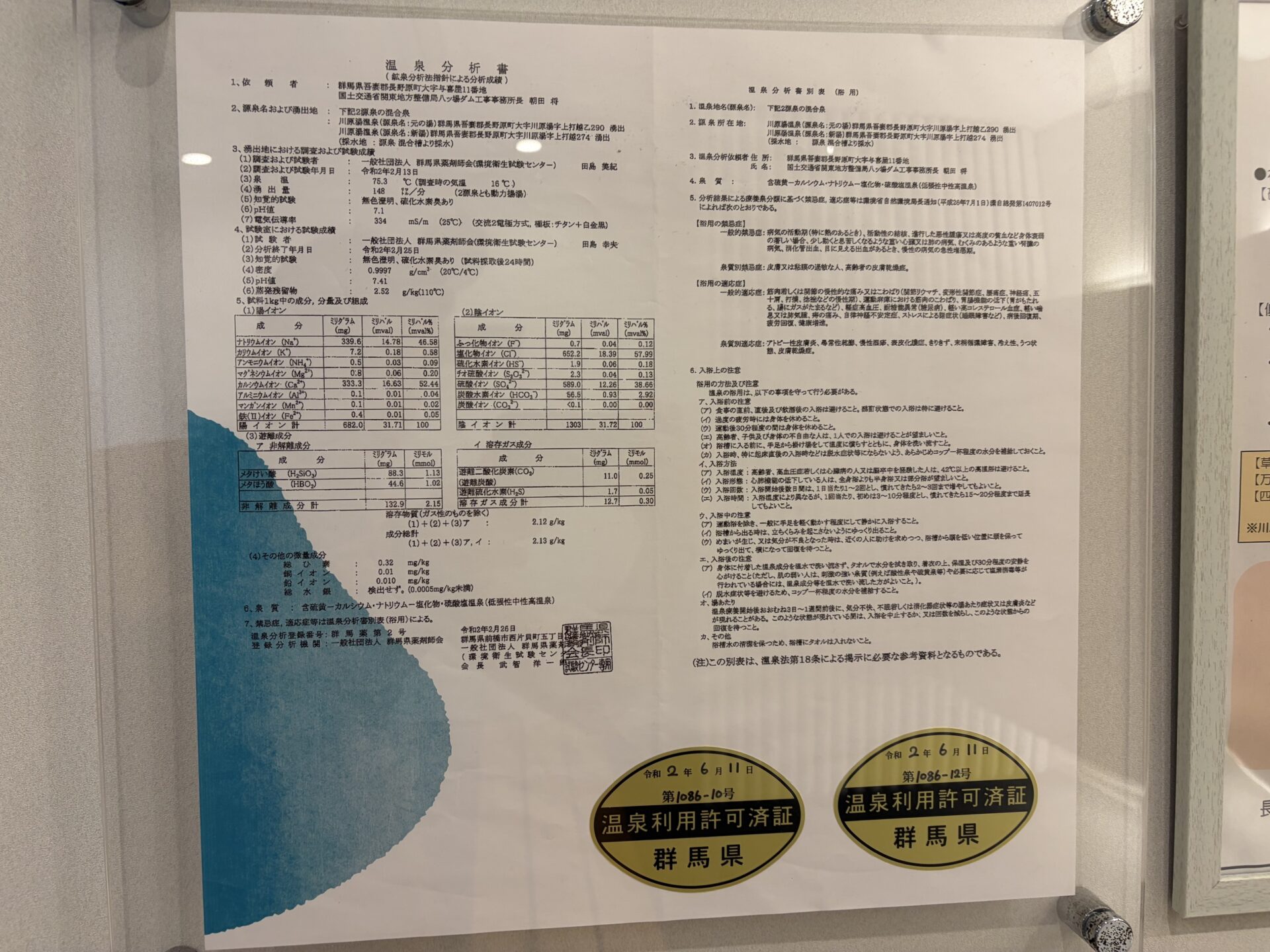 川原湯温泉 笹湯 脱衣所の温泉分析書。源泉名は元の湯と新湯の混合泉、群馬薬第2号の登録番号と温泉利用許可済証2枚