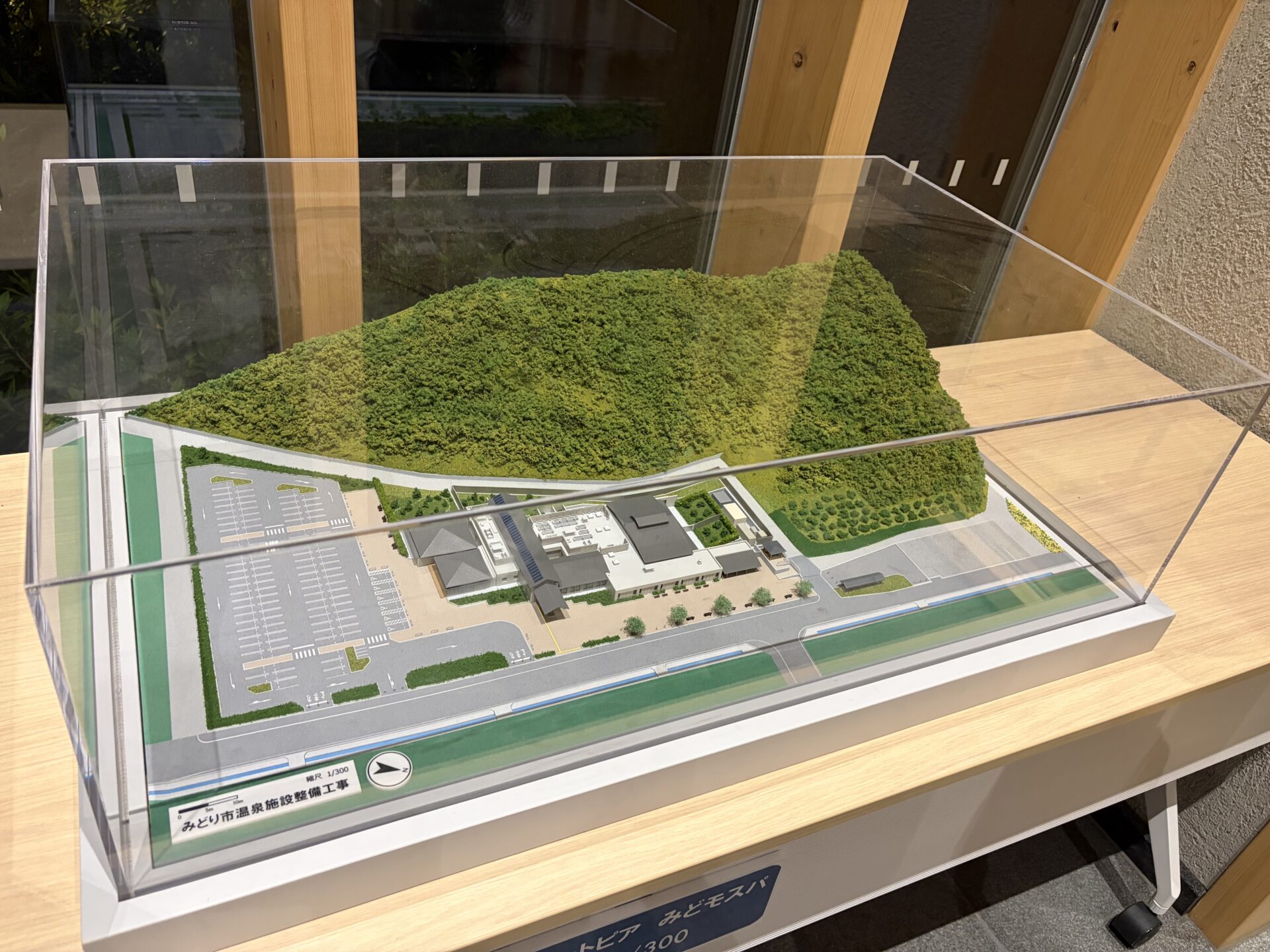 湯〜トピアみどモスパ 「みどり市温泉施設整備工事」の1/300模型。傘のような木のキャノピーが特徴